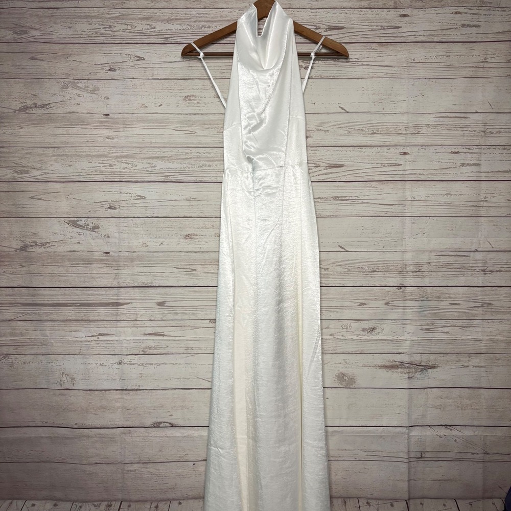 Meliana White Satin Halter Backless Maxi Dress Small NWT